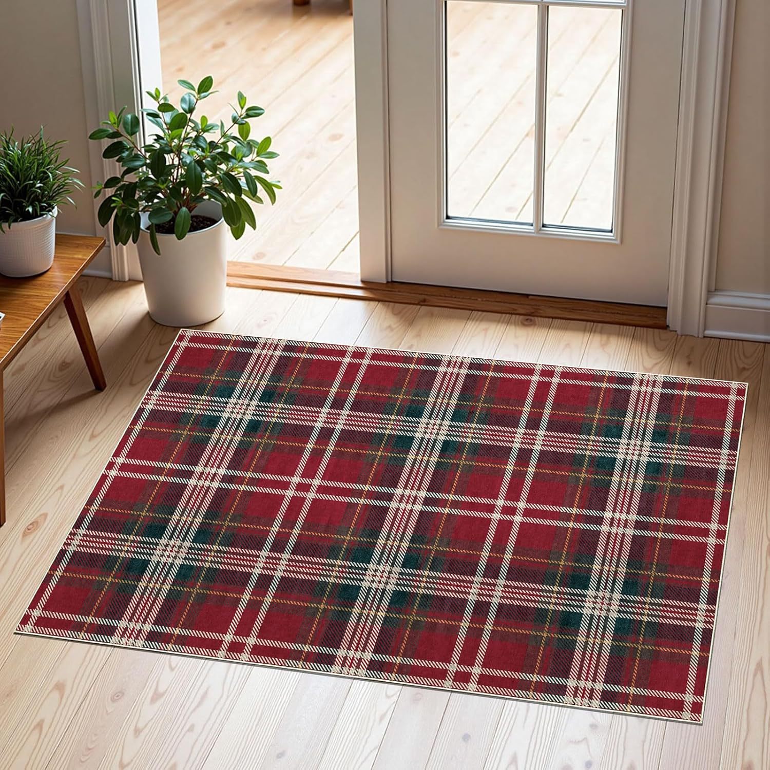 跨境亚马逊新款热销圣诞水牛格子花卉地垫玄关入户耐脏耐磨门垫