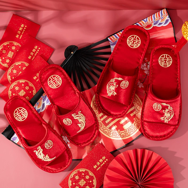 Свадебные свадебные тапочки Праздничная пара Большая Красная атласная Невеста Домашние тапочки Женские мужские Сопровождающие Свадебные