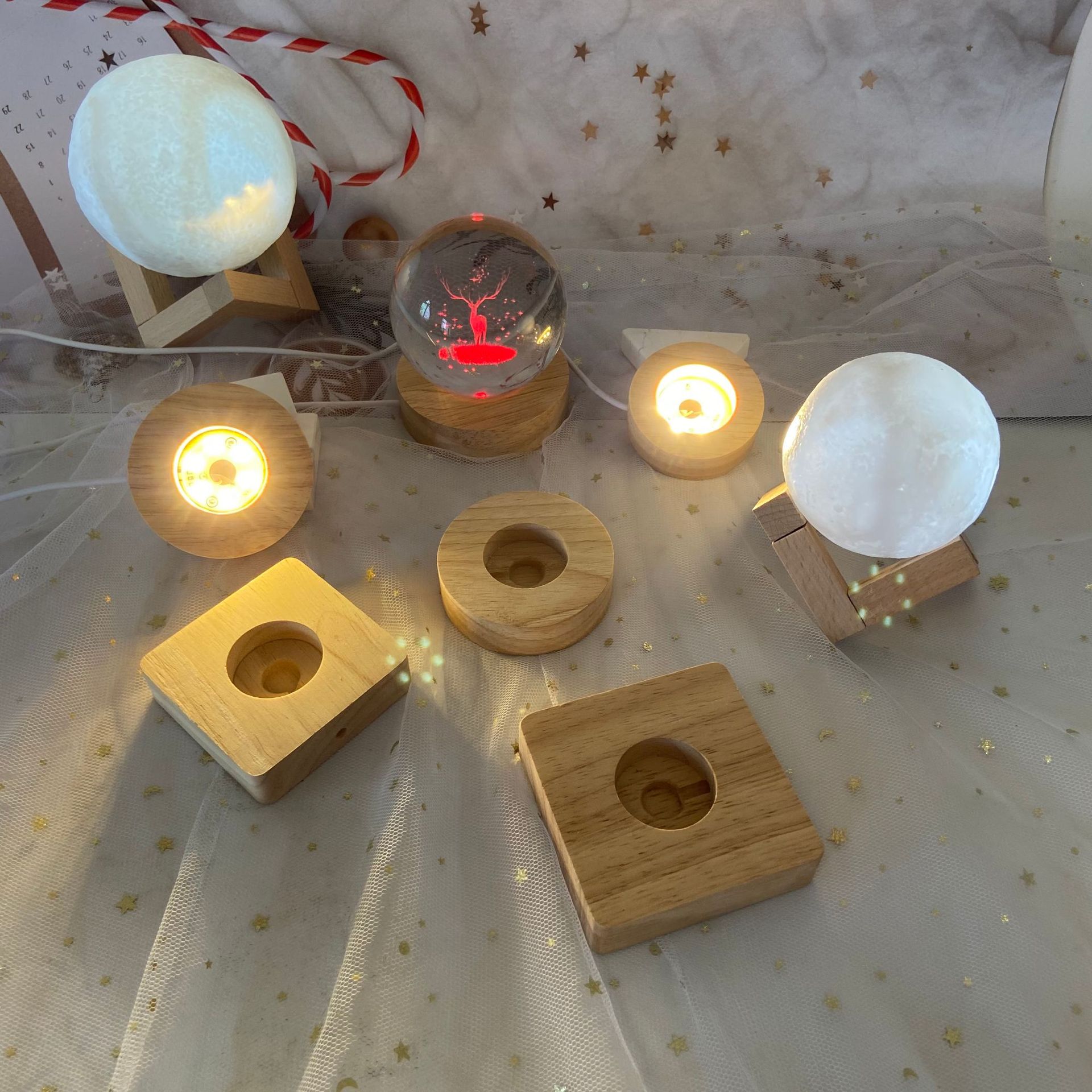Kauçuk ahşap aydınlık kristal taban USB arayüzü 5V anahtarı aydınlık taban gece lambası masif ahşap yuvarlak lamba tutucu
