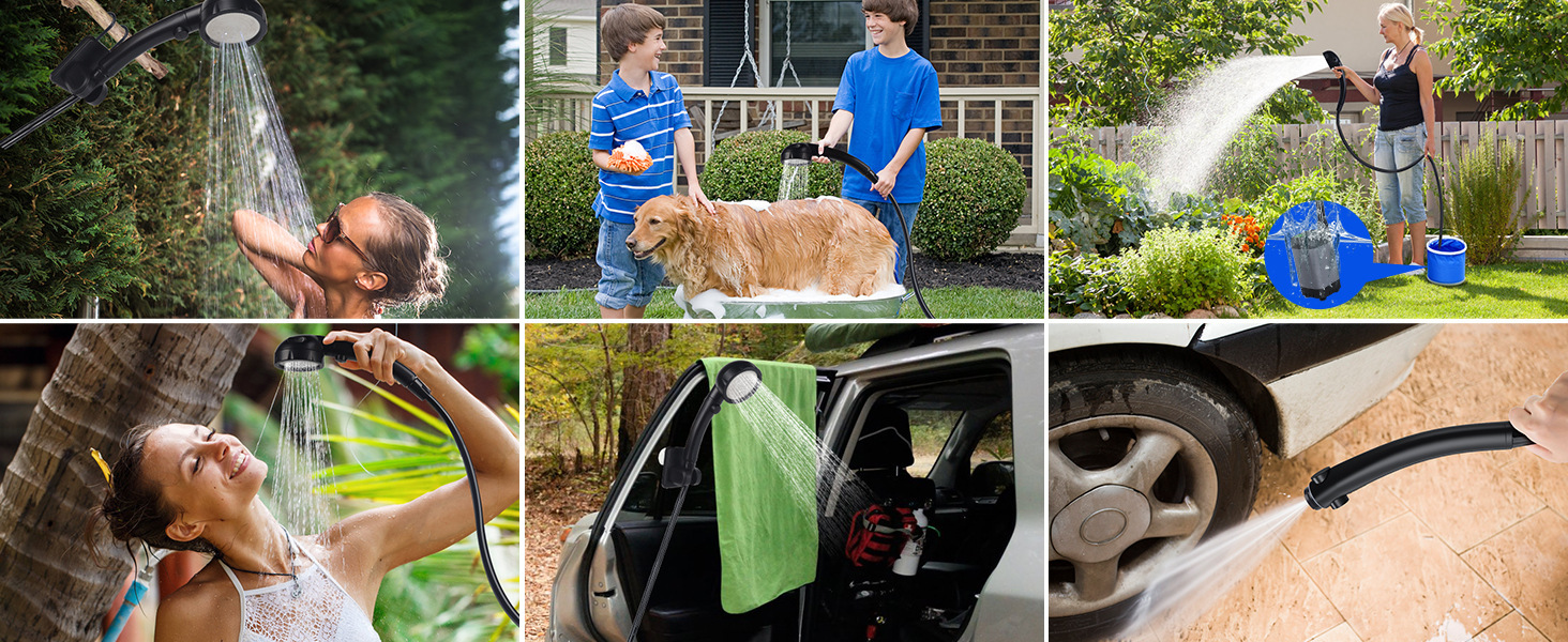 Tragbare Campingdusche mit 15-stufigem Filter, wiederaufladbarer 6000-mAh-Duschpumpe, 3+1-Strahl-Außendusche_voghion.com