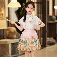 Детская Hanfu для девочек летняя тонкая юбка с короткими рукавами, юбка с конским лицом, юбка принцессы Супер фея 2024 новый костюм Tang