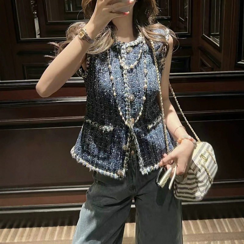 Dark blue tweed vest jacket for women, autumn and winter, French style, high-end feel, contrasting color woven edges, sleeveless, versatile top, trendy