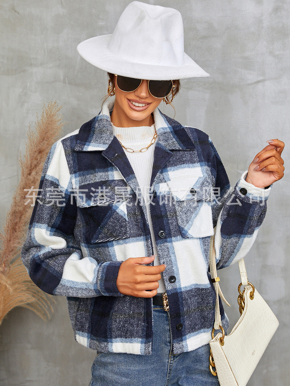 Amazon transfronterizo 2022 Otoño e Invierno popular europeo y americano solapa de un solo pecho de lana abrigo a cuadros de las mujeres Top corto