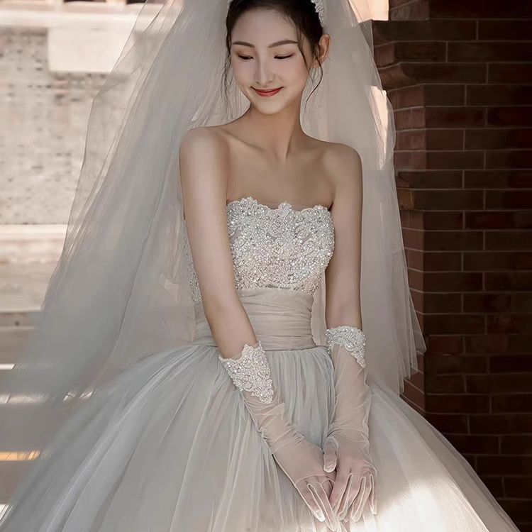 Strapless Wedding Dress 2025 Summer Autumn Winter New Heavy Craftsmanship High-End Petite Bride Princess Style Wedding Gown for Going Out Strapless Wedding Dress 2025 Summer Autumn Winter New Heavy Craftsmanship High-End Petite Bride Princess Style Wedding Gown for Going Out