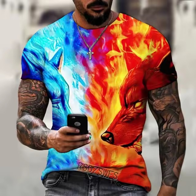 2024 moda casual suelto cuello redondo manga corta transpirable camiseta de hombre personalidad lobo malvado spot de impresión digital 3D
