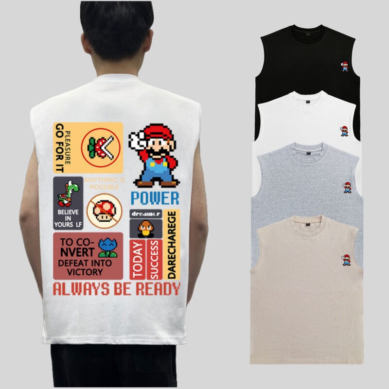 Summer cartoon Mario tide brand letter printing sports vest men's Joker heavy 300g sleeveless clothes