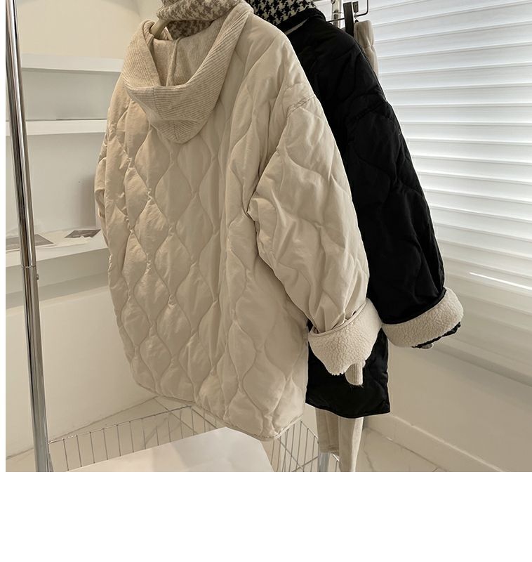 Collarless lamb wool splicing light and thin winter Korean version loose small fragrant dia plaid warm cotton jacket_voghion.com