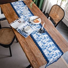 Imane Yun Table Flag Floral Pastoral Navy Blue Instagram Style Table Tea Flag Long Strip Direct Supply from Factory