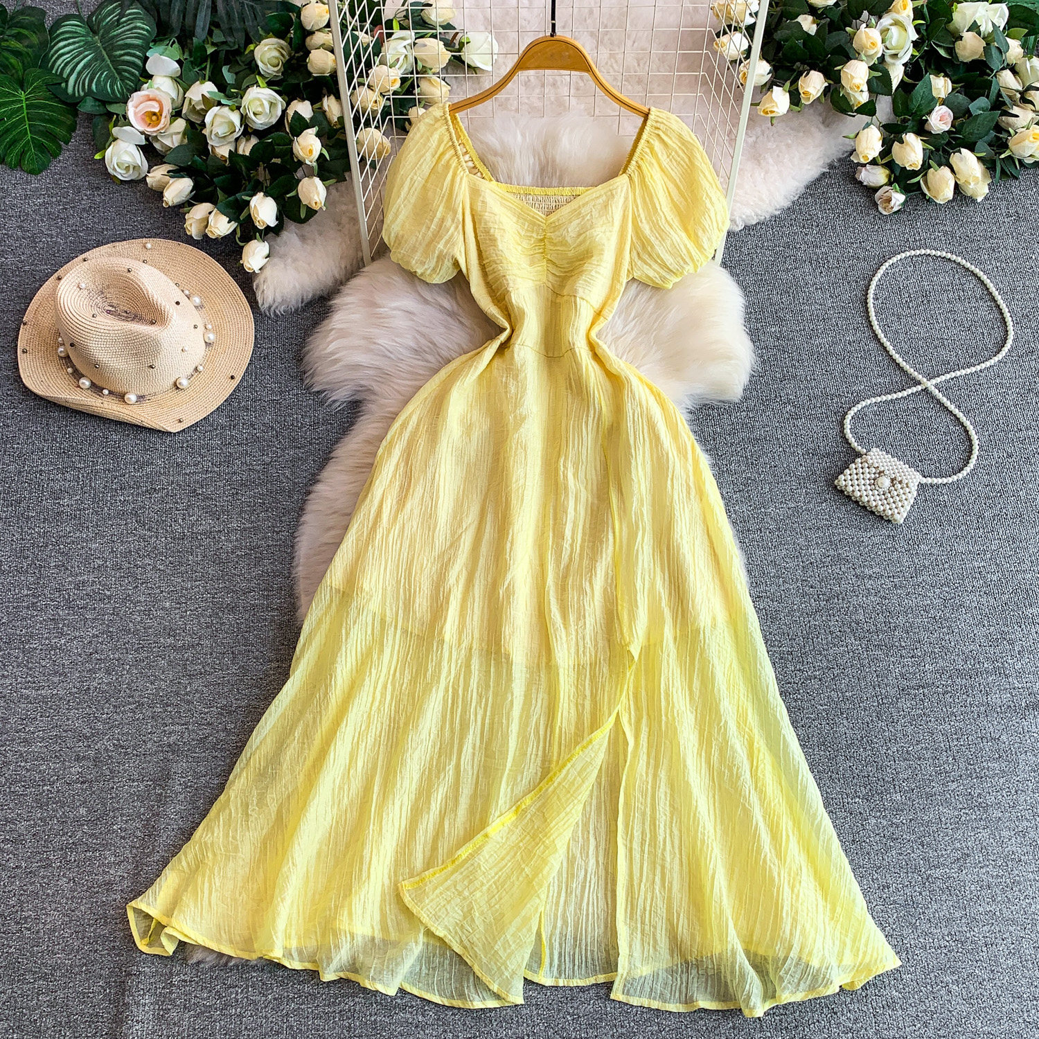 Women's French Style Elegant Square Neck Puff Sleeve Dress Casual Slit Long Skirt Pleated Waist Slimming Summer Style_ecoleips.com