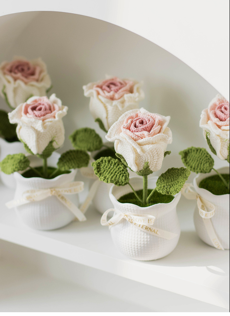 Ready-made hand-knitted rose artificial flower potted plants, office desktop potted plants, knitted flower ornaments, artificial flowers wholesale pic 9