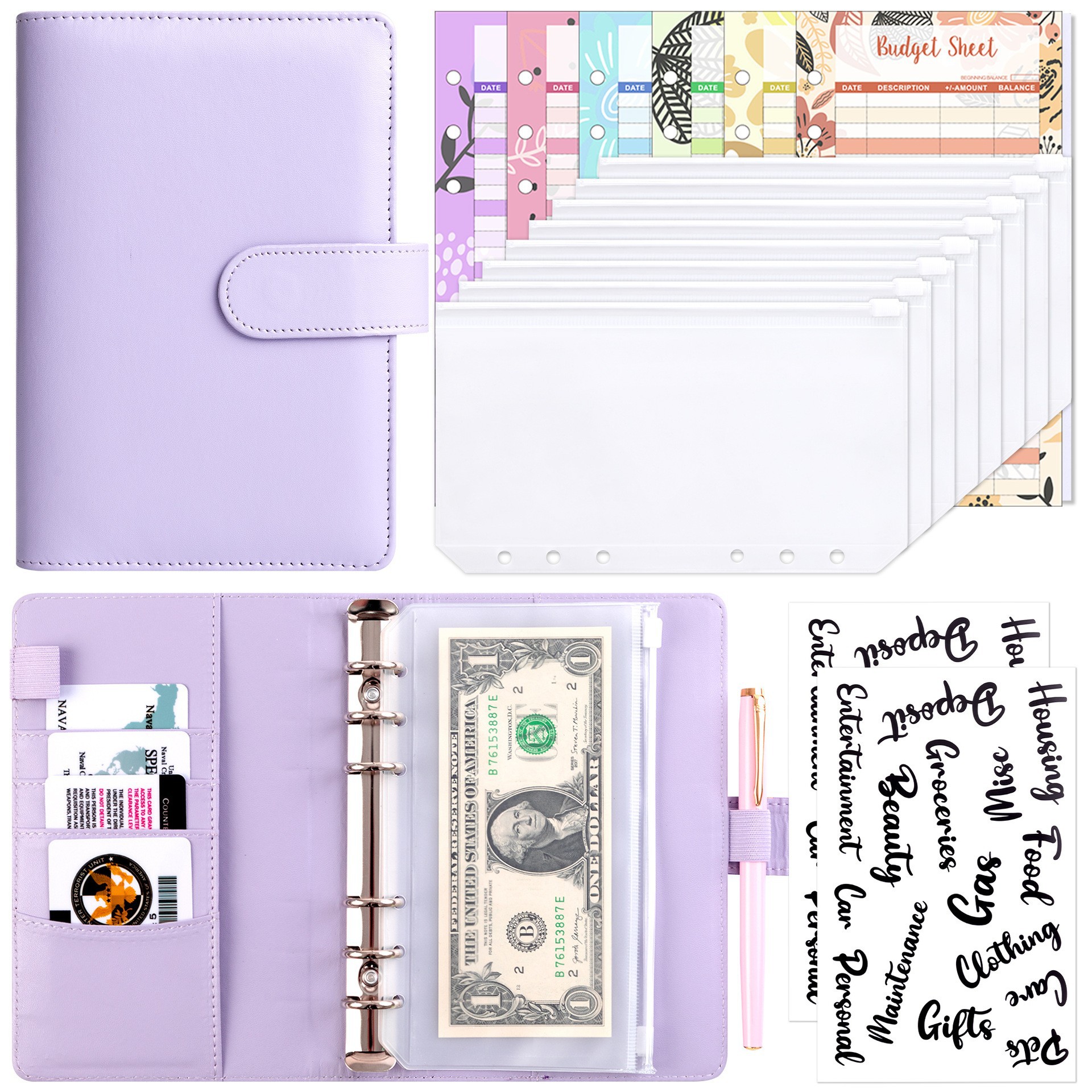 Presupuesto transfronterizo Cash Clip de hojas sueltas Bolsa con cremallera Sobres Libro de cuentas A6 Macarons PU Cuaderno de hojas sueltas de cuero