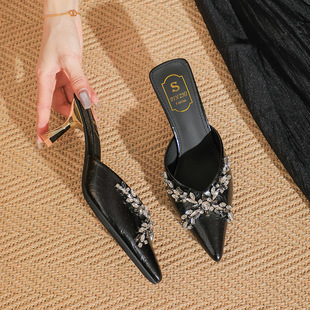 6658-8 Summer Pointed Baotou Half Slippers Sandals High Heel Slippers Outwear Fashion Beaded Niche plus size Women's Shoes 43
