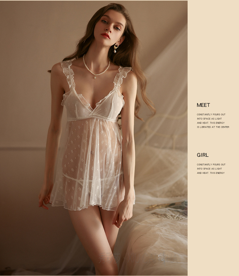 Lace Strap Babydoll Nightdress Set, Sheer Polyester Slip Style, White One Size — detail image 15