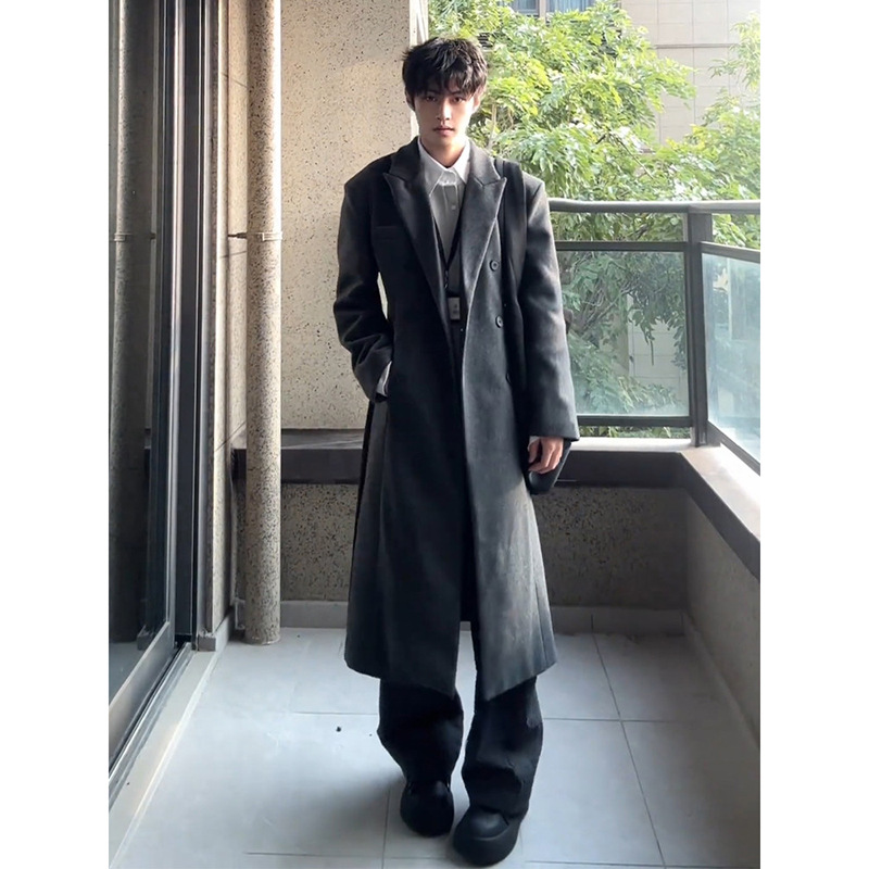 Gray Woolen Coat Cthulhu Style Men's Mid-Length Winter Thickened High-End Stylish Trench Coat