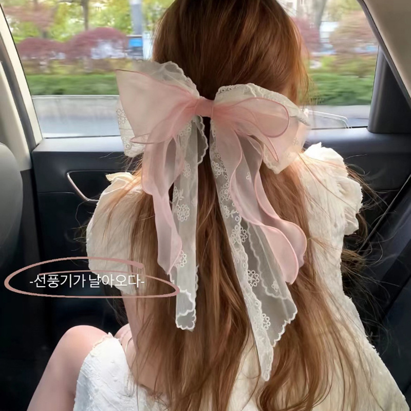 Lace pink printed bow ribbon hairpin women's large back spoon spring clip French temperament hairpin hair accessories_voghion.com