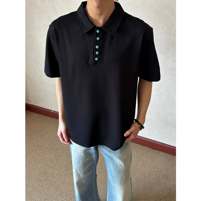 American Retro Style Turquoise Short-Sleeve Polo Shirt for Men, Summer Cleanfit Loose Versatile Casual Half-Sleeve