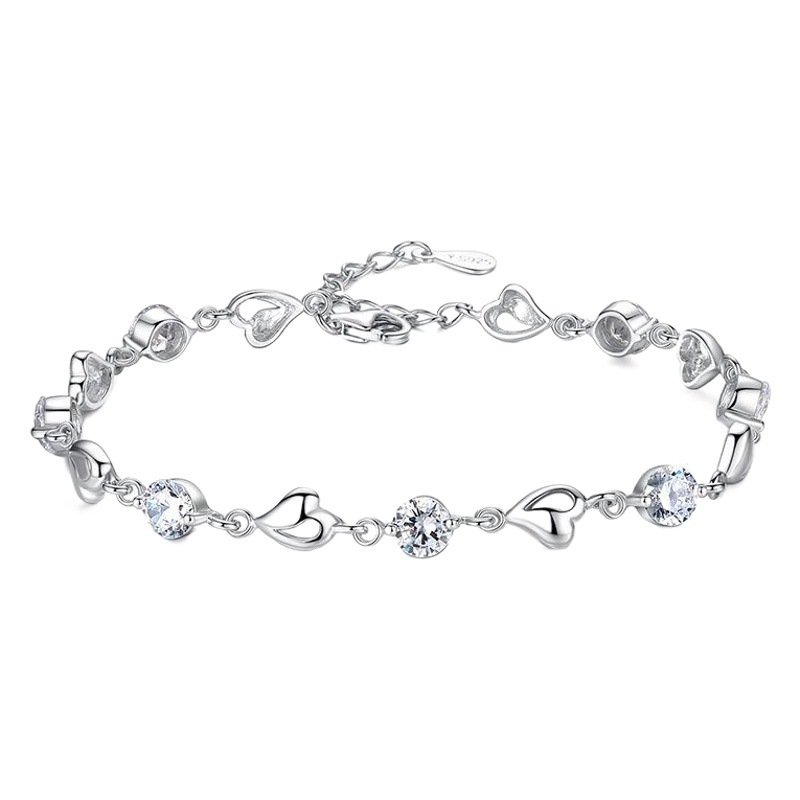 Korean Style Silver-Plated Forest Style Literary Blue Crystal Heart-Shaped Bracelet for Women with Diamonds Blue Zircon Love Bracelet Jewelry Wholesale
