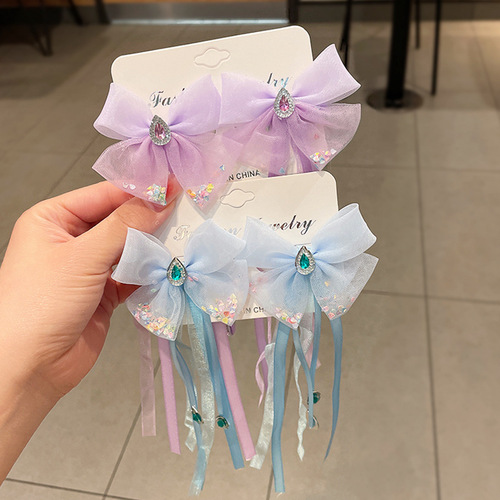 Girls hanfu hair accessories princess fairy cosplay pink blue hair bowknot tassel ribbon pin hanfu folk dance costume  headdress hair comb for kids 