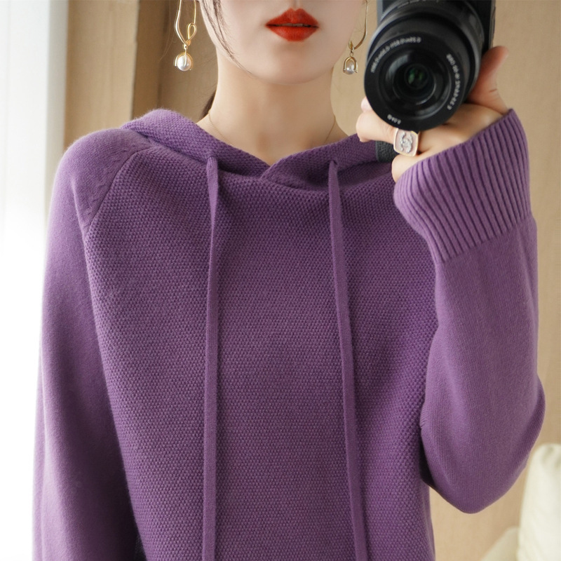 2025 Spring Autumn Winter New Hooded Women's Long Sleeve Pullover Sweater Knitted Slim Solid Color Base Shirt Jacket Wholesale