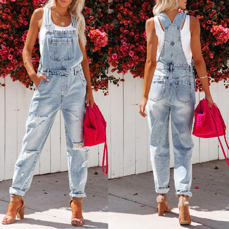 ripped hole washed high waist denim overalls  NSJRM135679