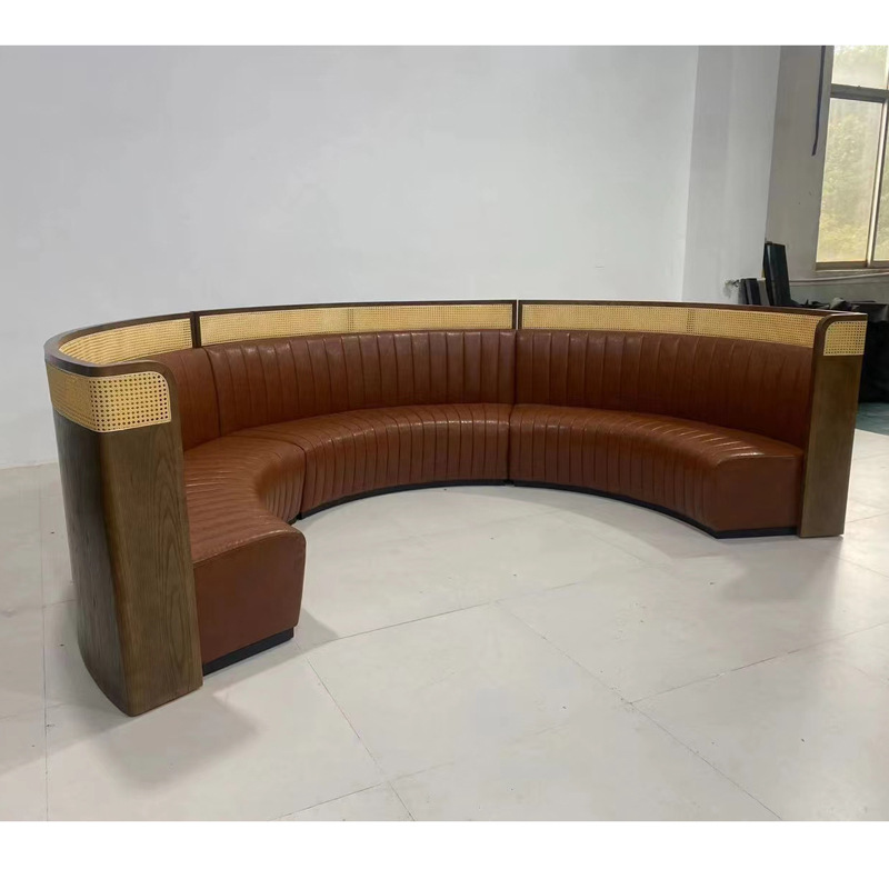 Themed restaurant, semi-circular booth seating, Western-style restaurant, fusion cuisine, private dining area, multi-person booth seating, solid wood and rattan booth sofa set