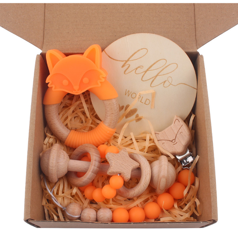 Nuevo bebé de dibujos animados de silicona Fox mordedor bebé creativo Beech sonajero teether cadena de pezón conjunto de cuatro piezas