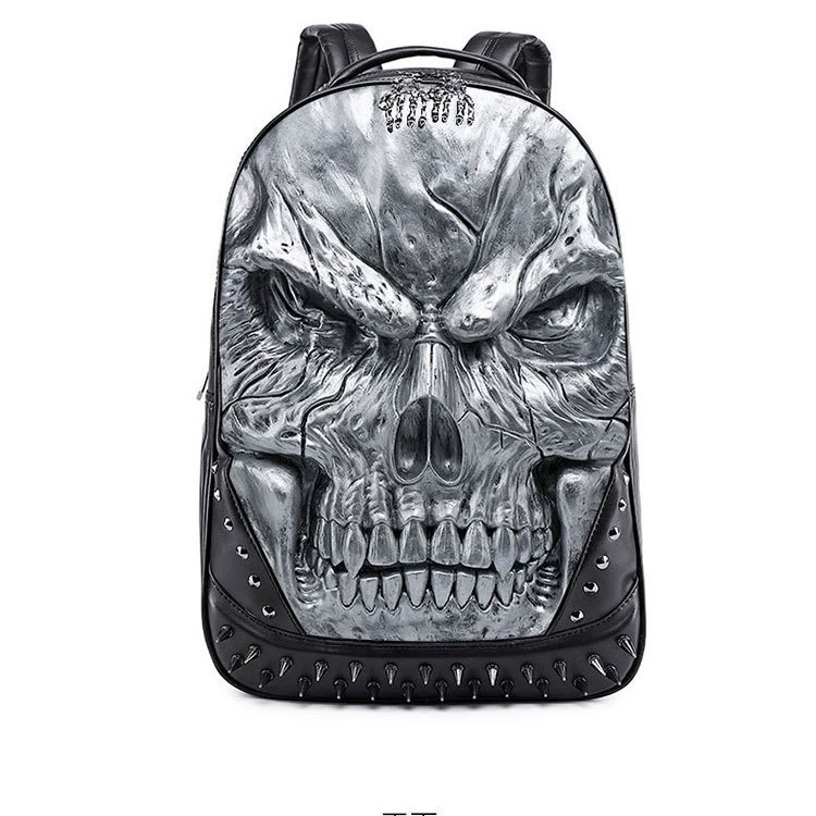Backpack 3D embossed polyurethane, unisex shoulder bag, skull design with studs