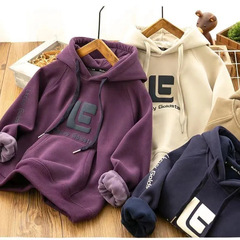 Boys' Fleece Sweatshirt 2024 New Autumn and Winter Wear for Middle and Big Children with Hood Thickened Korean Style Handsome Warm Shirt 