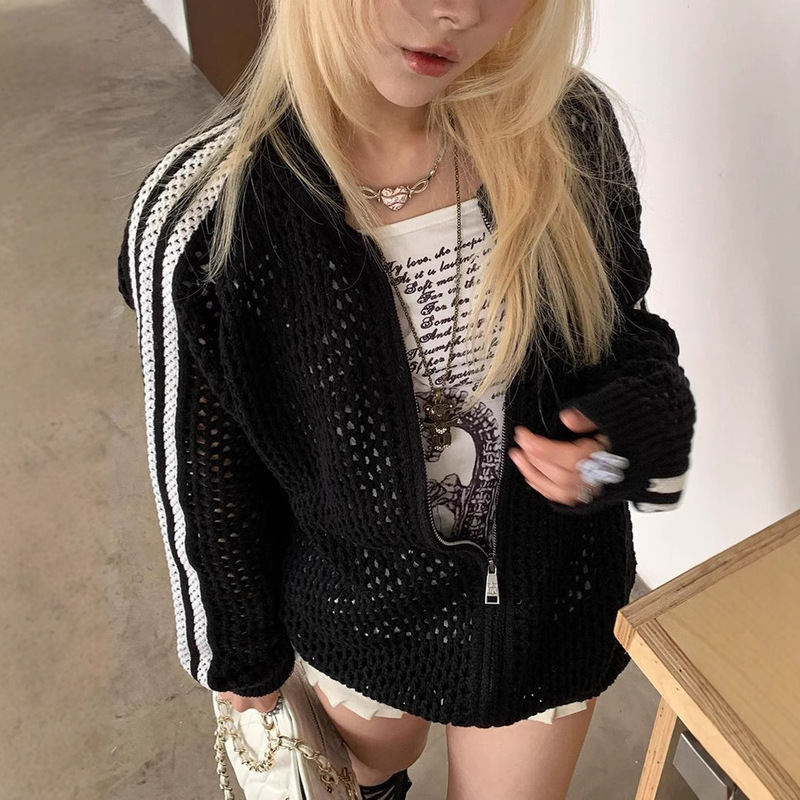 American Cross-border Design Sense Hollow Mesh Cardigan Sweater Lazy Style Couples Zipper Sweater Long-sleeved Jacket