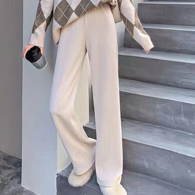 2021新款阔腿裤女外穿中腰垂坠感显瘦雪尼尔米白黑色休闲直筒长裤