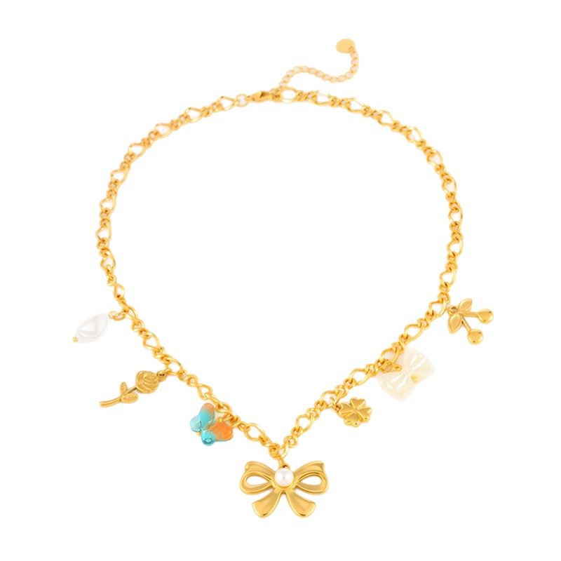 Collar colgante de rosa con lazo de acero de titanio nuevo transfronterizo, joyería de collar de perlas de trébol de cuatro hojas para niñas de todo fósforo de moda image 6