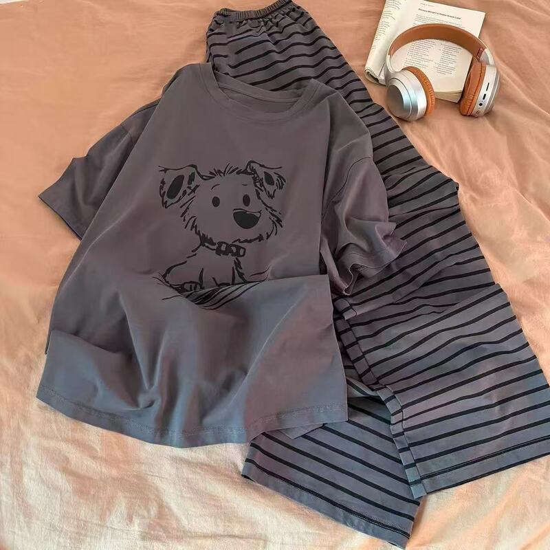 New Cute Puppy Gray Short-Sleeve Casual Long Pants Pajamas for Women, Summer Pullover, Loose Fit, Suitable for Wearing Outside, Plus Size New Cute Puppy Gray Short-Sleeve Casual Long Pants Pajamas for Women, Summer Pullover, Loose Fit, Suitable for Wearing Outside, Plus Size