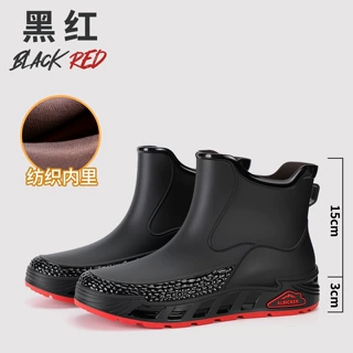 英伦小黑鞋黑红底胶鞋情侣雨鞋涉水鞋束口固定绒雨靴保暖防风短靴