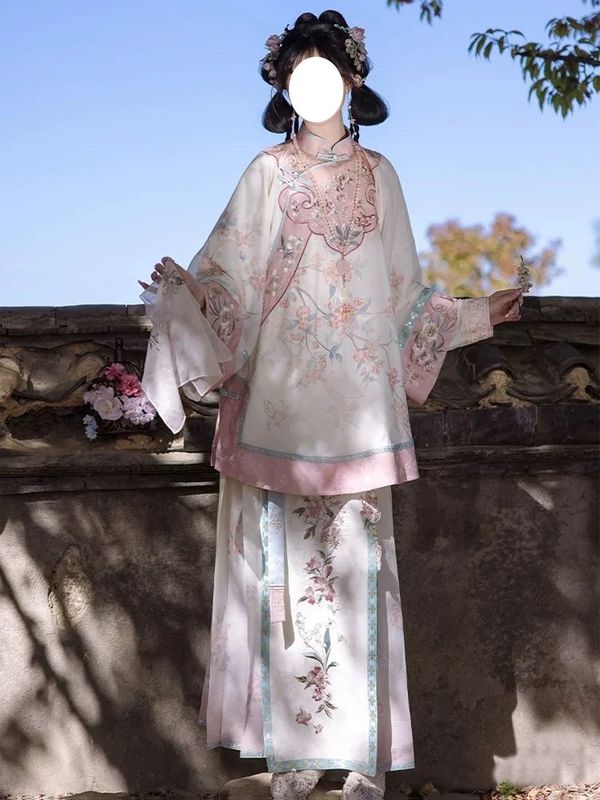 复原汉服清汉女清朝格格大袖重工印花马面裙套装汉洋折衷国风华服|undefined