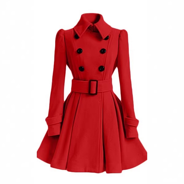 Cross-Border European and American Autumn and Winter New Slim-Fit Ruffled Women's Woolen Coat with Belt Buckle Style Trench Coat for Women