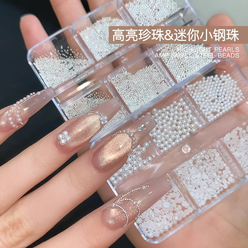 Nail Art High-Gloss Pearl Decoration Tray, Round and Semi-Circular Flat-Bottomed White Mini Steel Beads Mixed with Rhinestones for DIY Nail Accessories Nail Art High-Gloss Pearl Decoration Tray, Round and Semi-Circular Flat-Bottomed White Mini Steel Beads Mixed with Rhinestones for DIY Nail Accessories