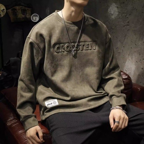 American Retro Heavyweight Thick Hooded Sweatshirt Men Autumn High Street Badass Instagram Men Loose Casual Crew Neck Top