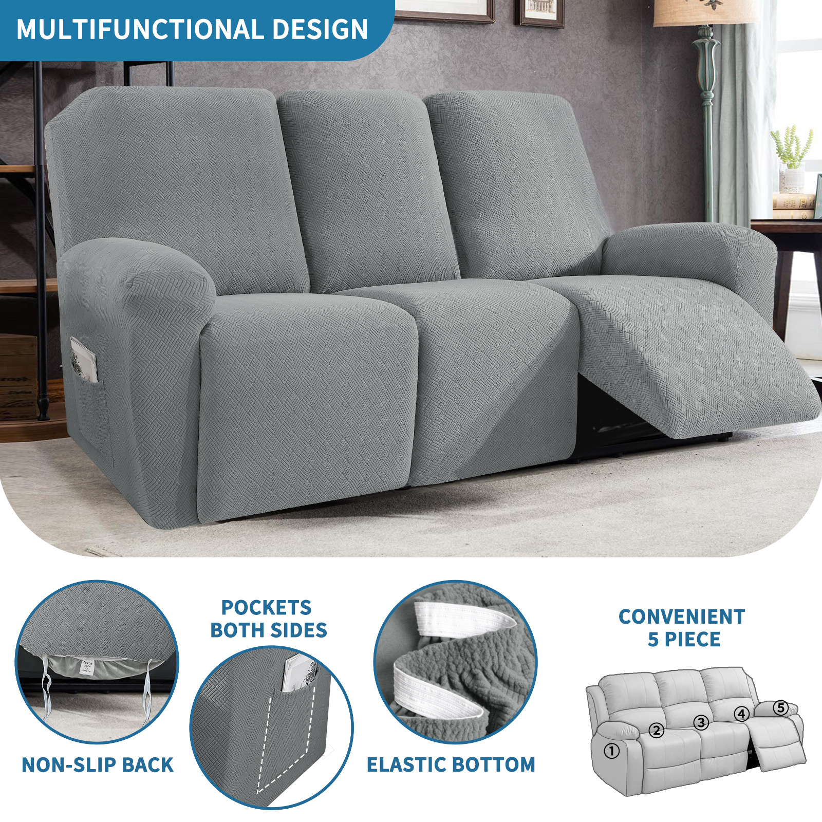 Nueva cubierta de sillón reclinable Jacquard diamante cubierta de sillón reclinable elástica cubierta de sofá de cuatro estaciones con bolsillo cubierta de sillón de masaje de color sólido