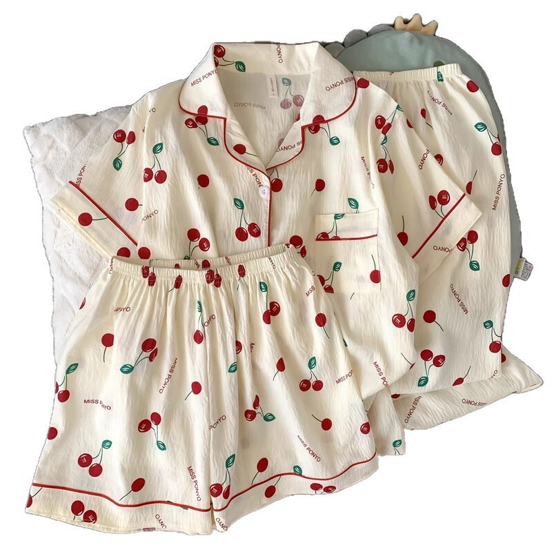 星月彩点带胸垫睡衣女款夏季云朵棉纱短袖长裤休闲家居服三件套装|undefined