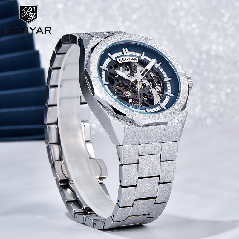 Benyabenyar reloj de hombre mecánico automático de moda impermeable nocturna deportivo hueco reloj de pulsera de acero 5212