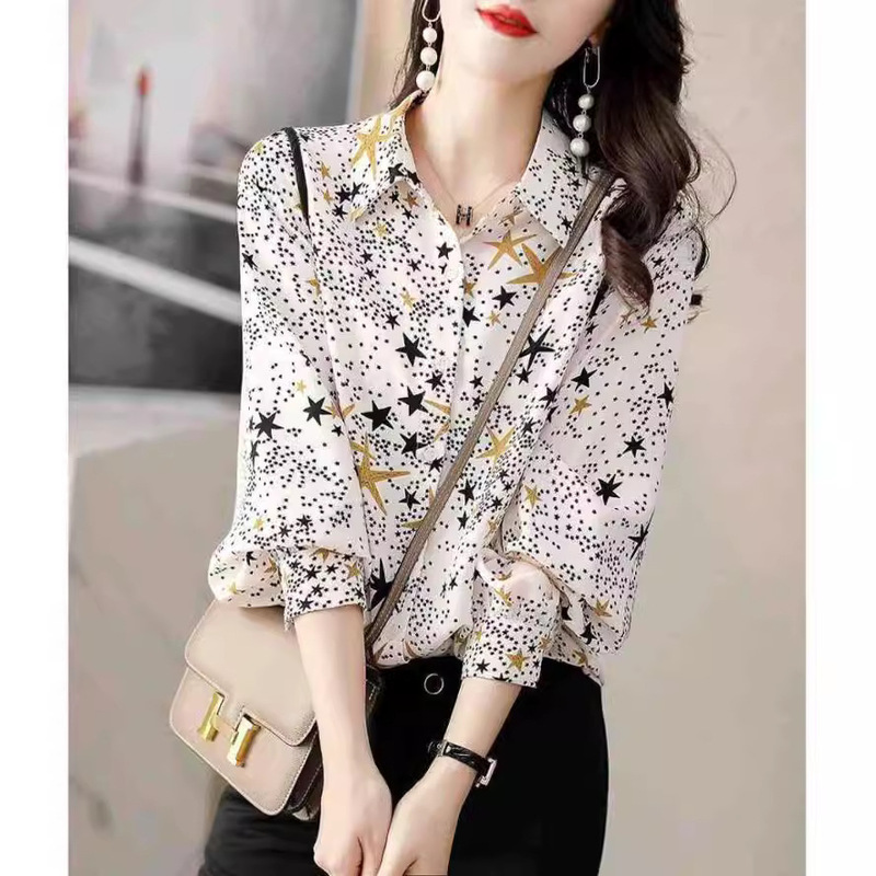 European Internet Celebrity 2024 Spring New Korean Style Fashion Casual Simple Elegant Printed Chiffon Shirt Women's Shirt Trendy