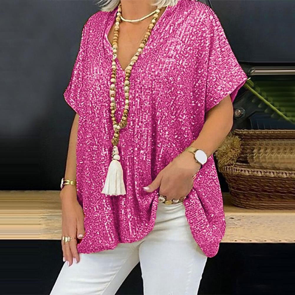 Camiseta de manga corta con lentejuelas y cuello en V, estilo urbano informal, holgada, de color, para mujer, nueva colección 2026 de Amazon, estilo europeo y americano.