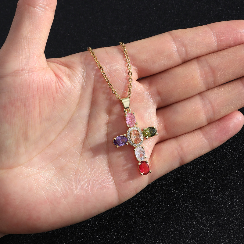 cable chain Chain Type Fashion Cross Copper 18k Gold Plated Zircon Pendant Necklace In Bulk