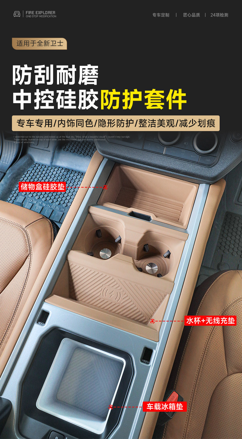 Suitable for 20-26 Models of Land Rover Defender 110, Central Control Silicone Pad, Wireless Charging Protective Cover, 90 Central Control Water Cup Holder Protection