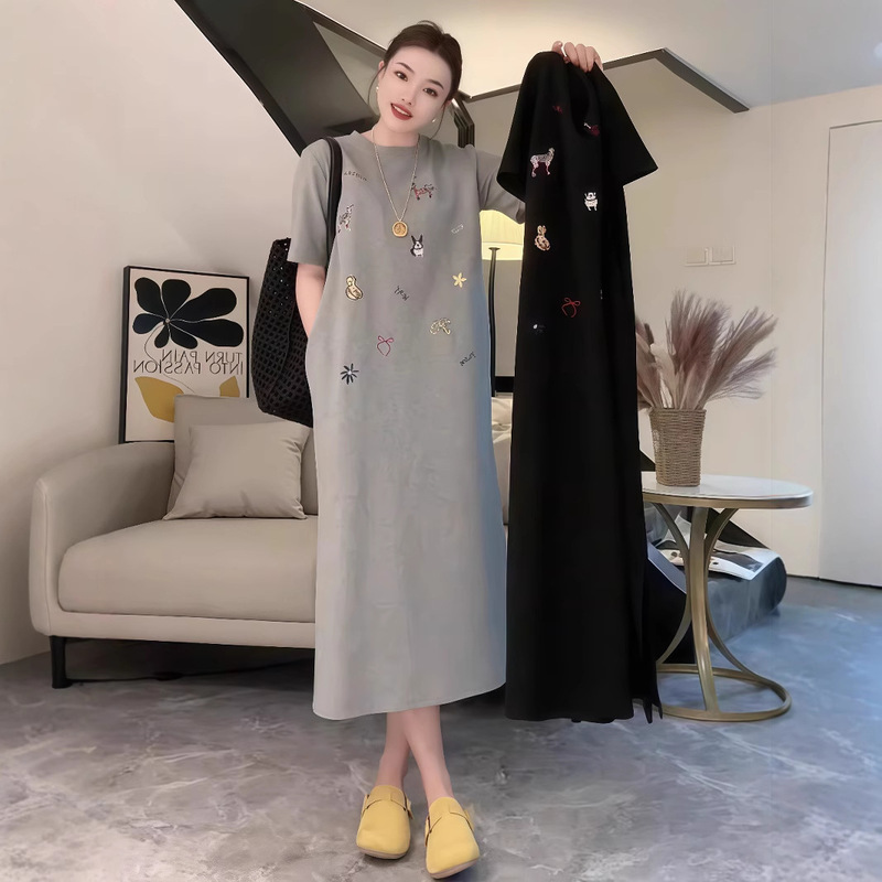 Plus Size Slightly Chubby mm Round Neck Loose Lazy Style Casual Versatile Embroidered Long Dress Women's Summer T-Shirt Skirt