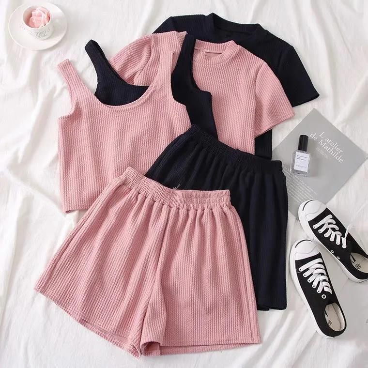 Foreign Trade Waffle Knit Short-Sleeve T-Shirt Three-Piece Set with Wide-Leg Shorts, Casual Sporty Style, Age-Reducing Loose Fit Set, Wholesale from Manufacturer