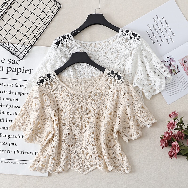 Summer Sweet Slimming Age-Reducing Crochet Hollow Short Top Versatile Lady V-Neck Niche Base Lace Top