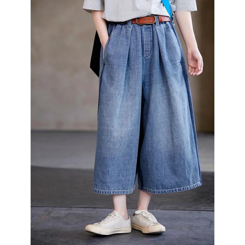 Summer Light Cyan Blue Ramie Cotton Elastic Waist Loose Denim A-Line Wide Leg Pants