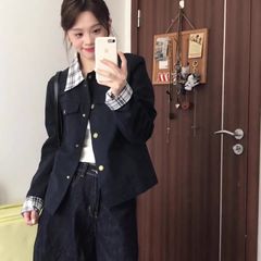 独特漂亮的初秋外套女2025新款春秋小个子休闲翻领格纹拼接夹克潮