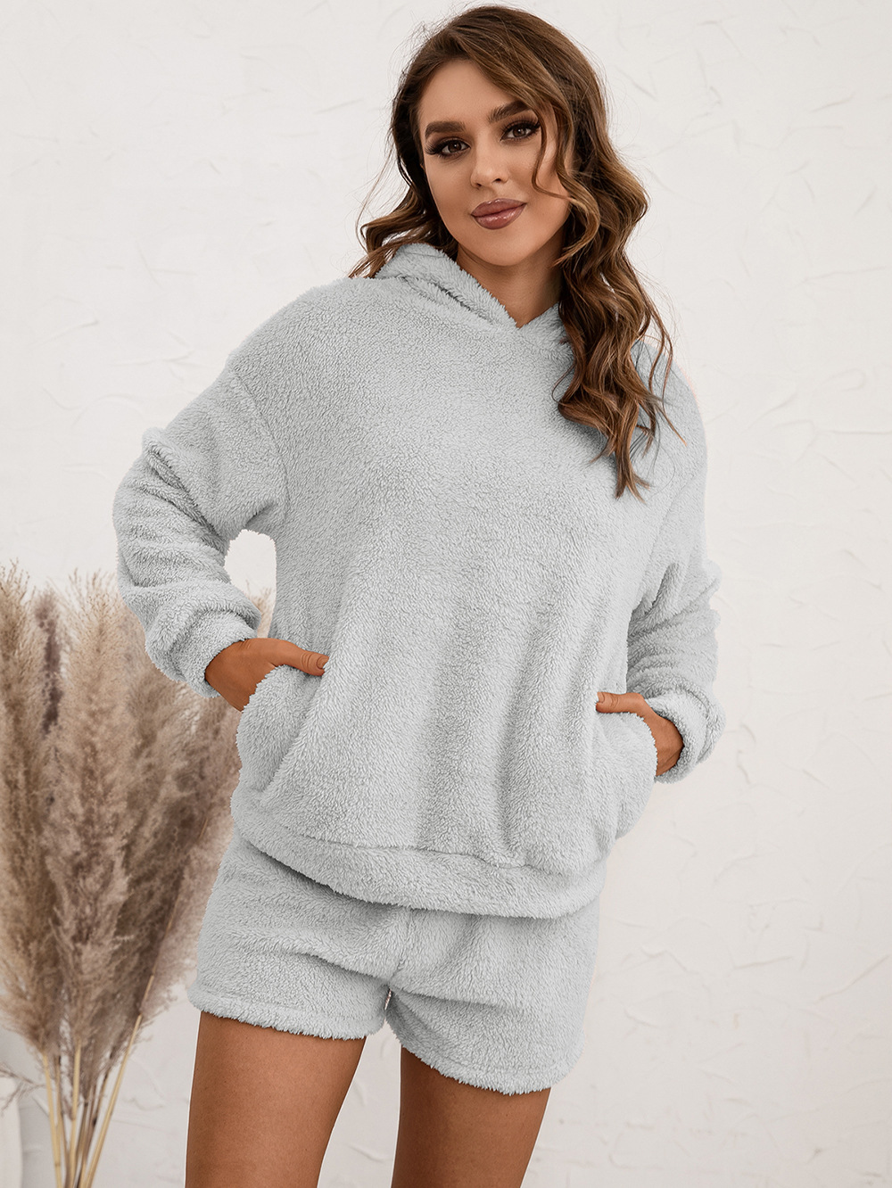 solid color Plush Hooded top and short Two-piece homewear Set NSYBL136722